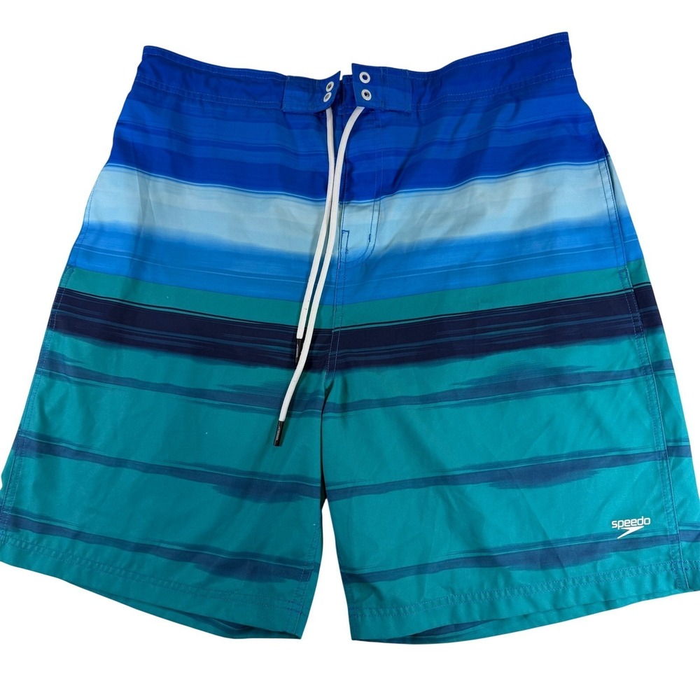 Speedo Mens Blue Teal Striped Board Shorts Swim Trunks Mesh Lining XXL